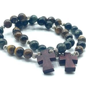 Cross Christian Kambaba tiger eye beaded stretch bracelet ONE NEW crystal Christ